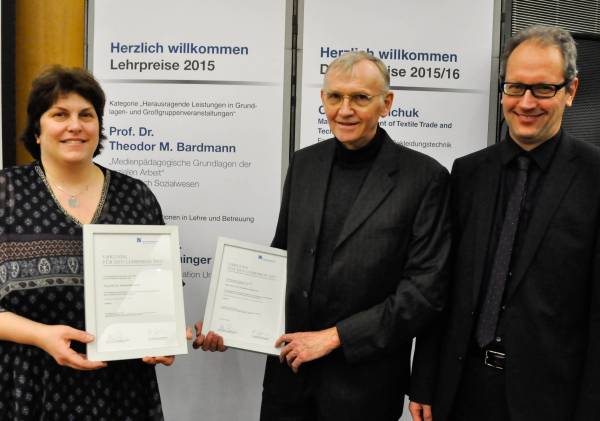 Die Lehrpreisträger Prof. Dr. Andrea Wanninger und Prof. Dr. Theodor M. Bardmann mit Vizepräsident Prof. Dr. Berthold Stegemerten