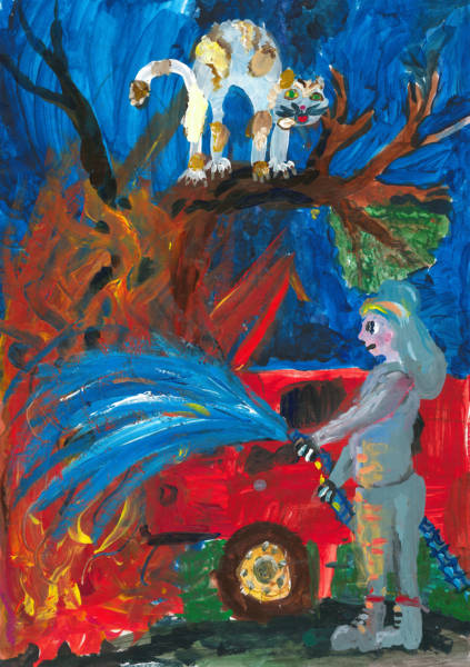 Bildtitel: „Mein Held: Feuerwehrkatzenretter“ Lara, K., 9 Jahre, 4. Klasse, aus Idar-Oberstein Bild eingereicht bei der Volksbank Hunsrück-Nahe eG